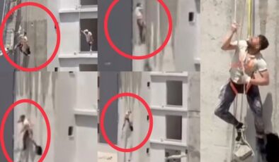 İskele halatı koptu, işçi inşaatta asılı kaldı