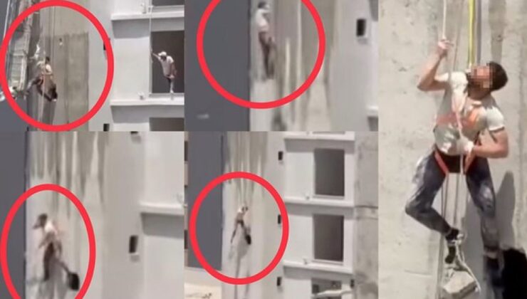İskele halatı koptu, işçi inşaatta asılı kaldı